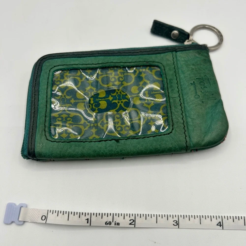 Fossil Green Leather Bird Birdhouse Applique Coin Pouch ID Case Key Ring Wallet